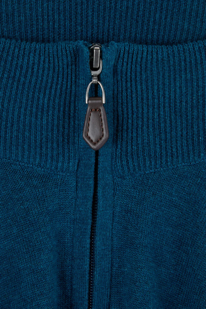 Teal knit jumper front zipper with dark leather-look zip pull tab