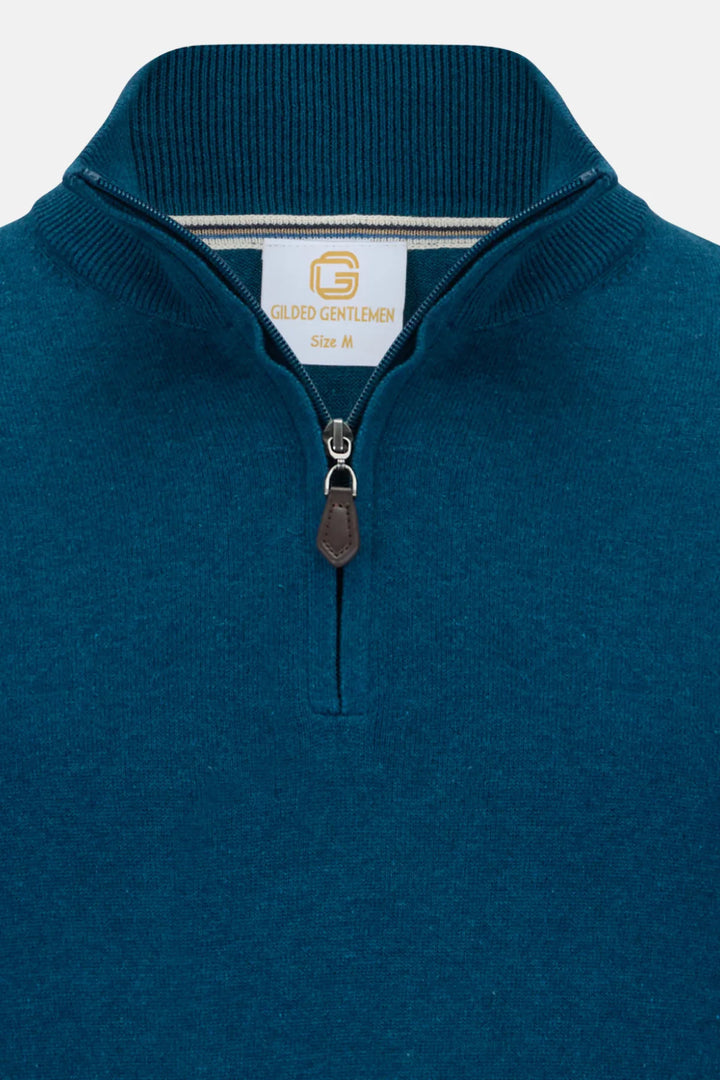 Teal 1/4-zip knit jumper collar with Gilded Gentlemen label