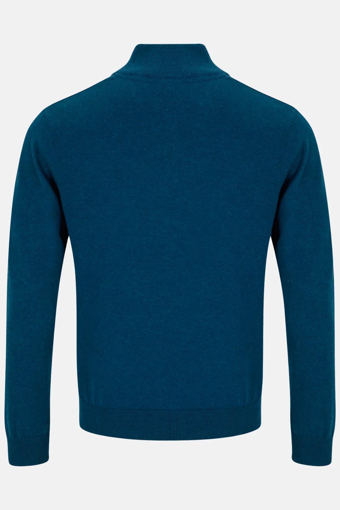 Teal 1/4-zip knit jumper back view with ribbed cuffs and hem