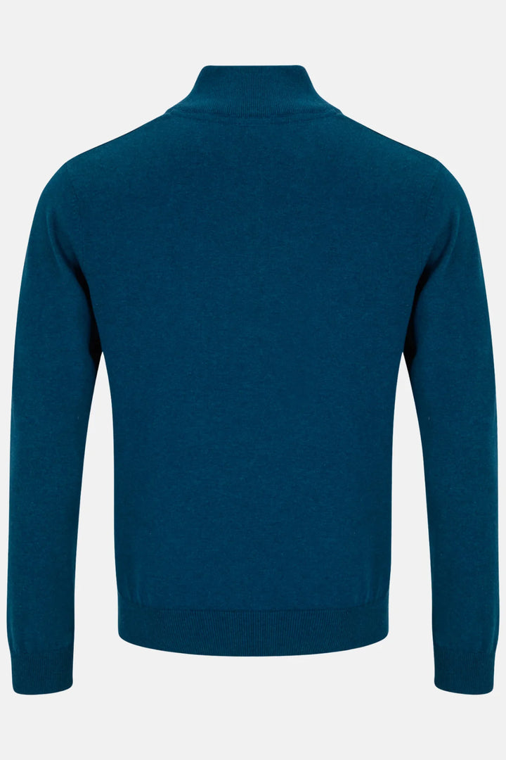 Teal 1/4-zip knit jumper back view with ribbed cuffs and hem