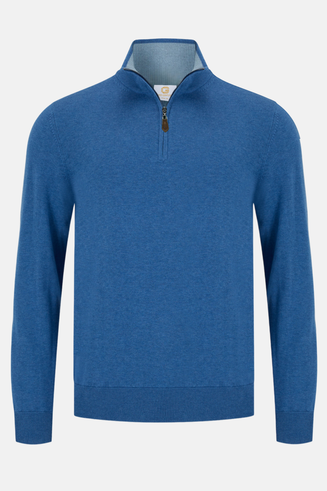 Blue 1/4-zip knit jumper with mock collar and gold-toned zipper