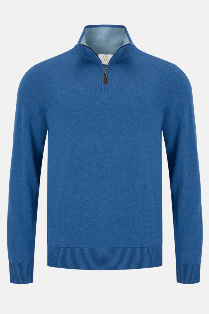 Blue 1/4-zip knit jumper with mock collar and gold-toned zipper