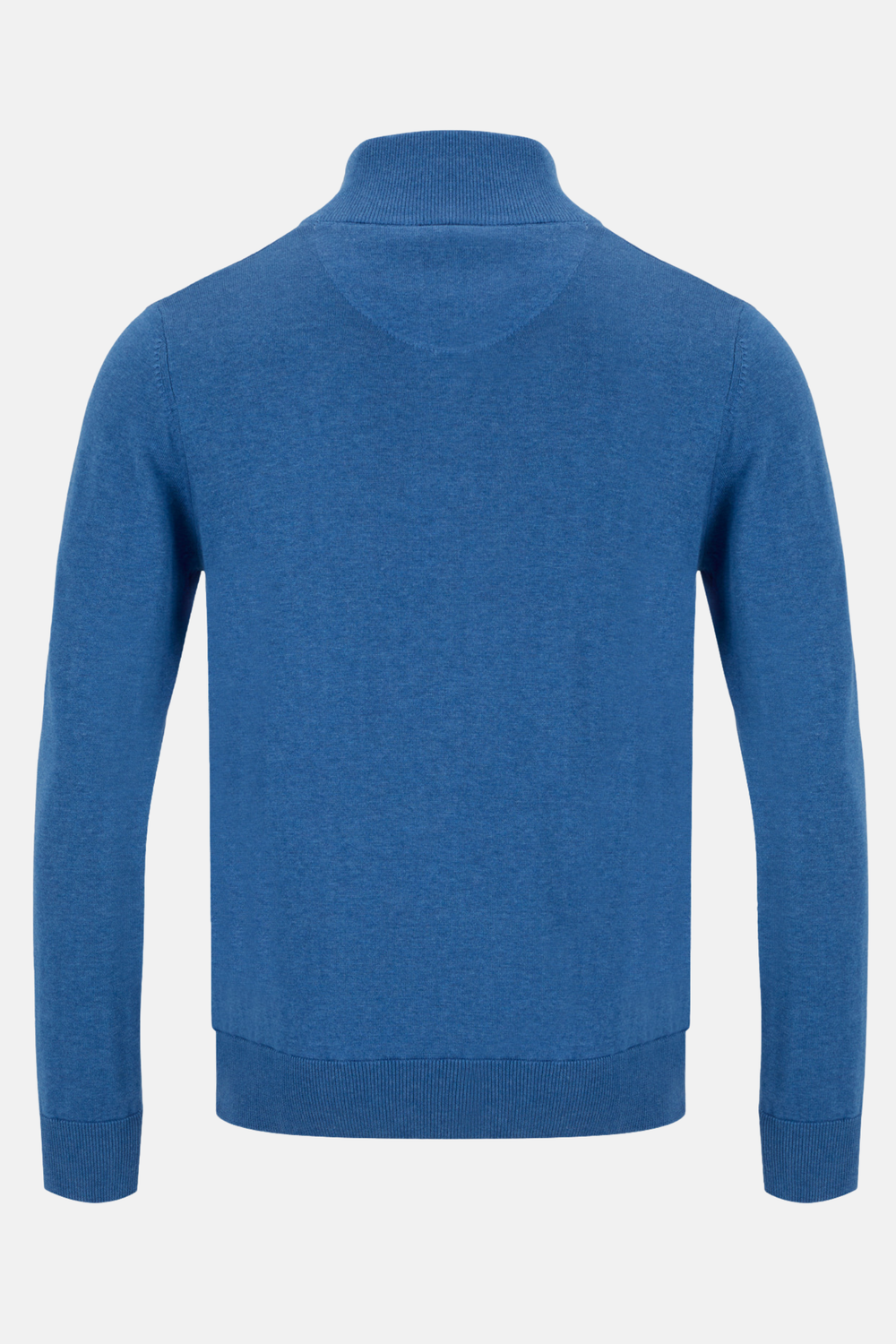 Blue knit jumper back view with ribbed cuffs and high neck