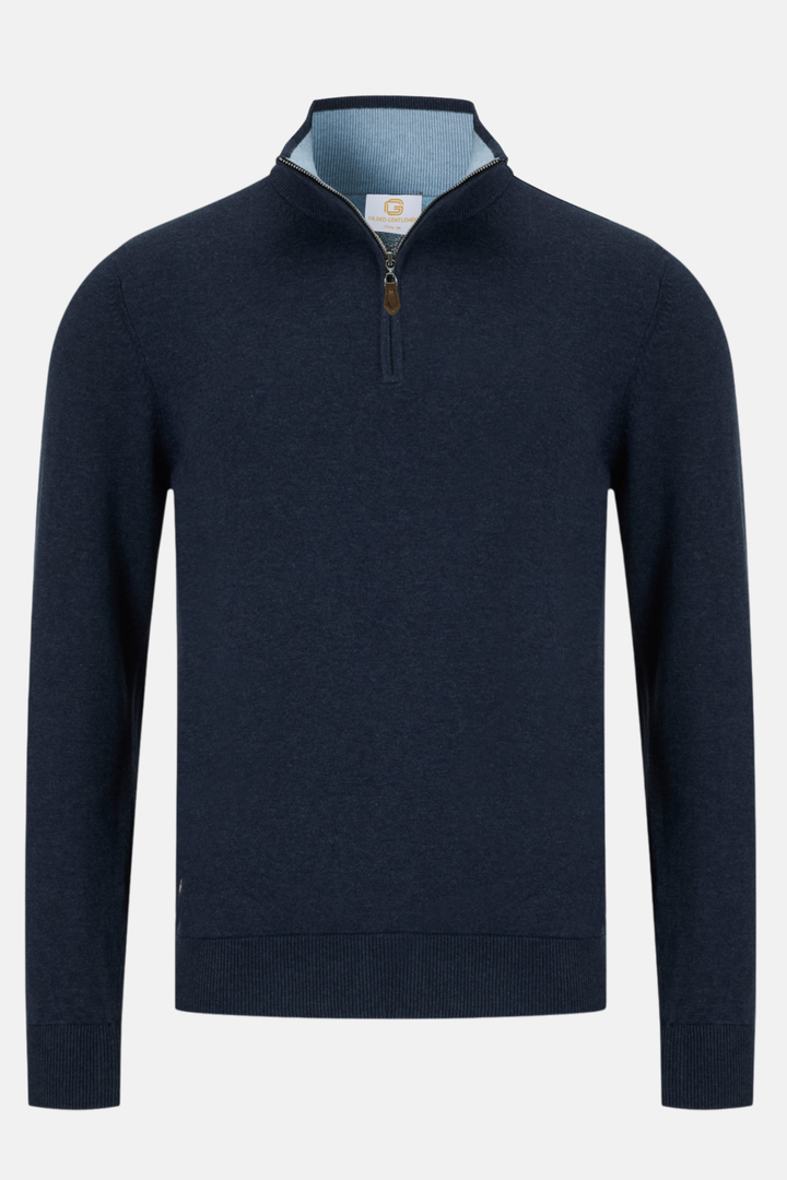 Gilded Gentlemen 1/4-zip jumper front, dark navy knit with gold zipper