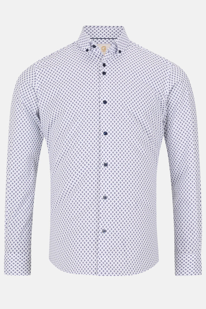 Men's dress shirt with small navy diamond pattern, button-front and pointed collar.
