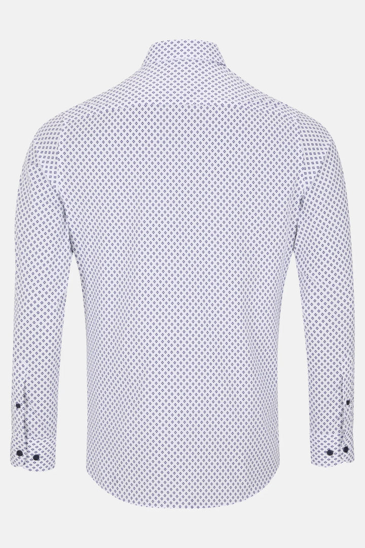 Men's dress shirt back view, small navy diamond pattern and buttoned cuffs.