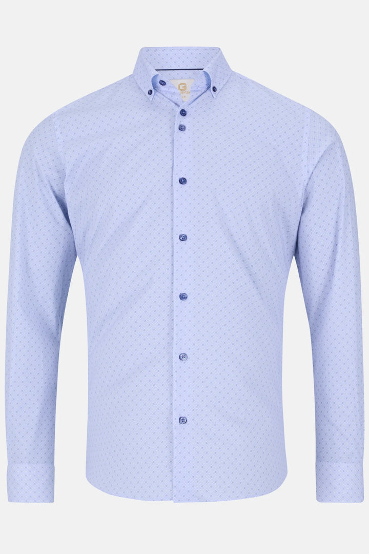 Light blue men's dress shirt with small dotted pattern, button placket and spread collar.