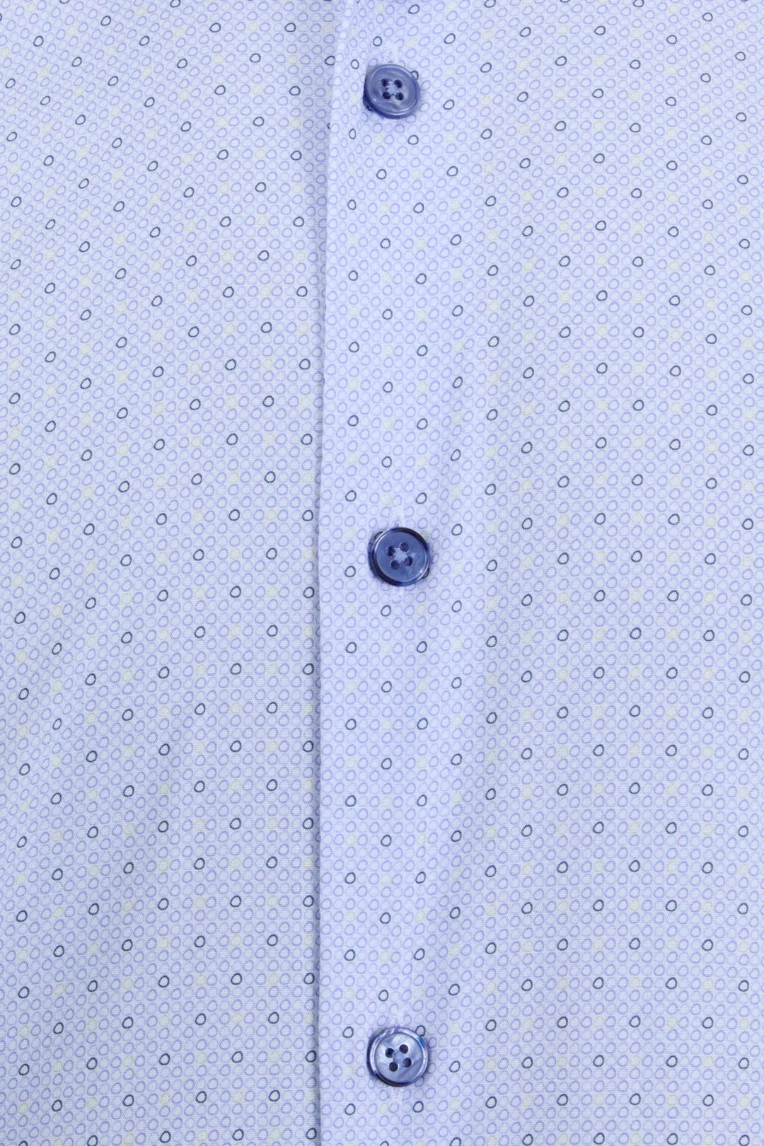 Light blue dress shirt fabric with small dotted print and button placket close-up.