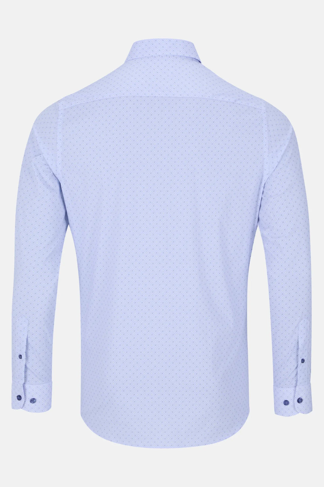 Light blue men's dress shirt back view with small dotted pattern and buttoned cuffs.