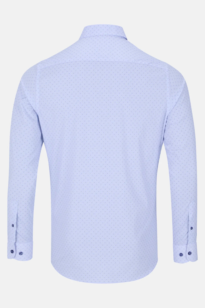 Light blue men's dress shirt back view with small dotted pattern and buttoned cuffs.