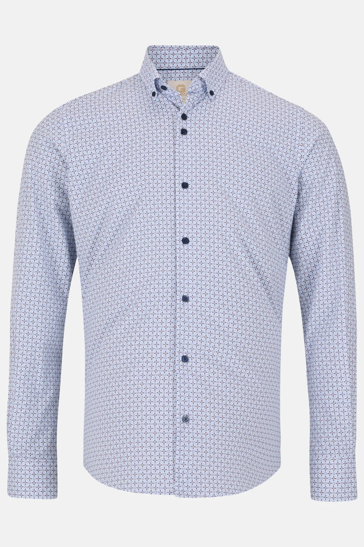 Light blue patterned dress shirt with long sleeves and button front