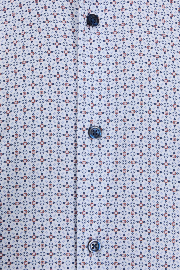 Light blue micro print dress shirt with navy buttons