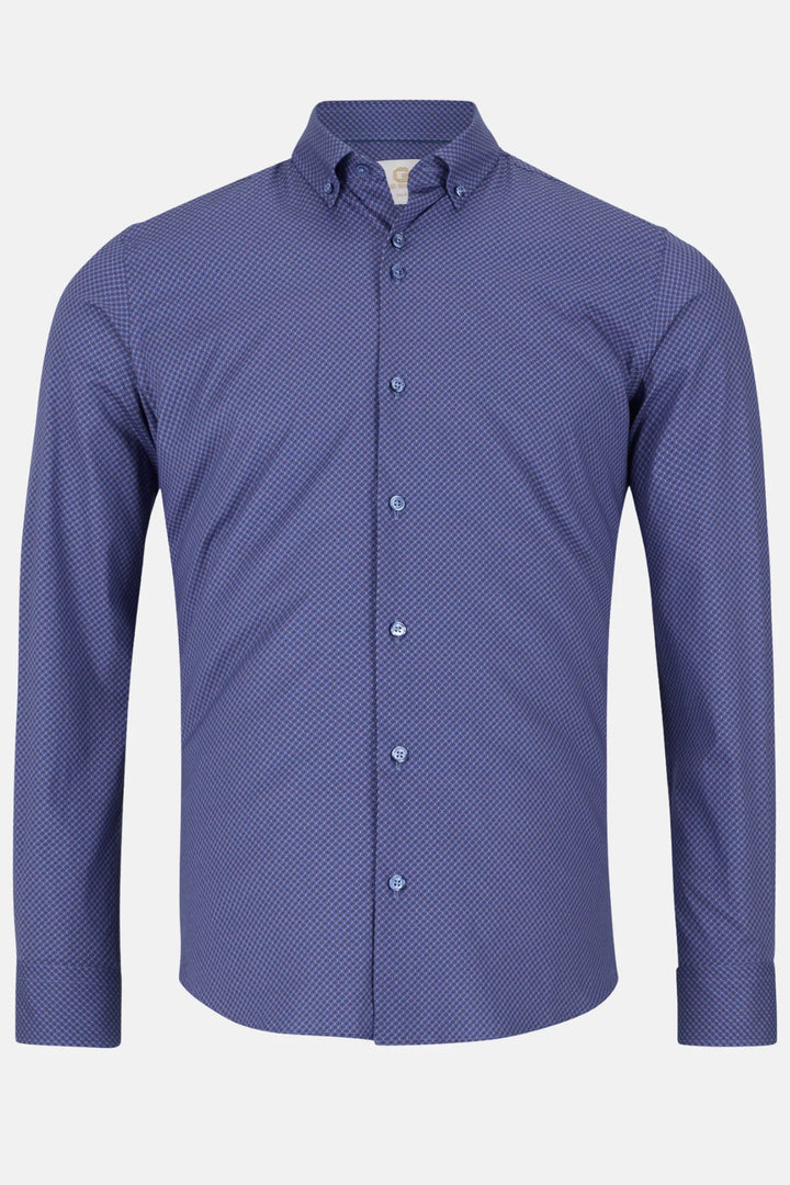 Blue dress shirt with geometric texture, button-front and point collar