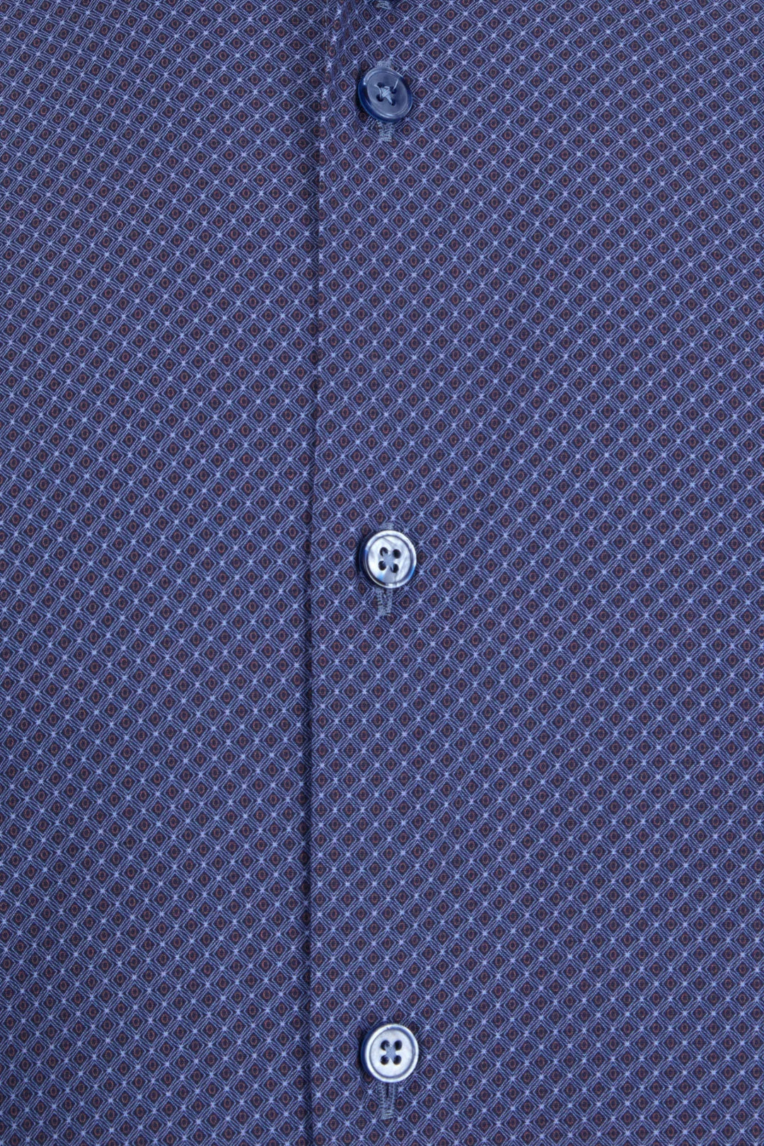 Close-up of blue dress shirt placket with three buttons and geometric pattern