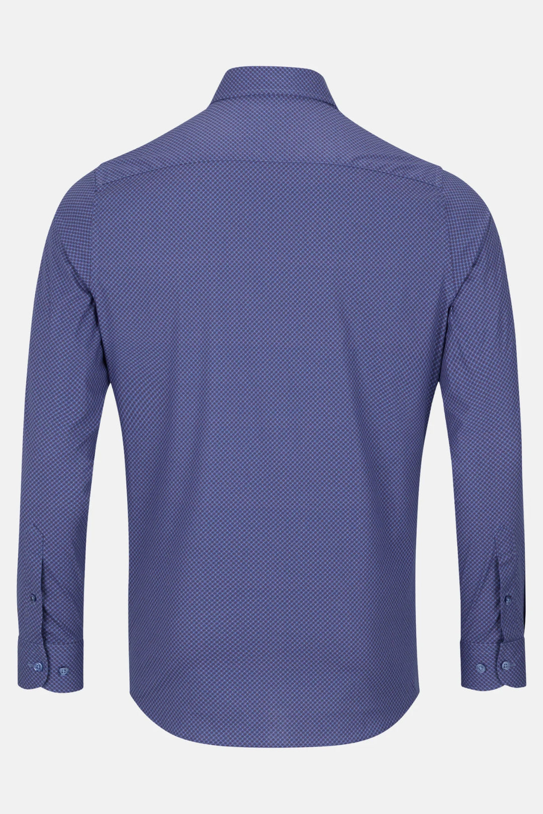 Back view of blue dress shirt with geometric texture and button cuffs
