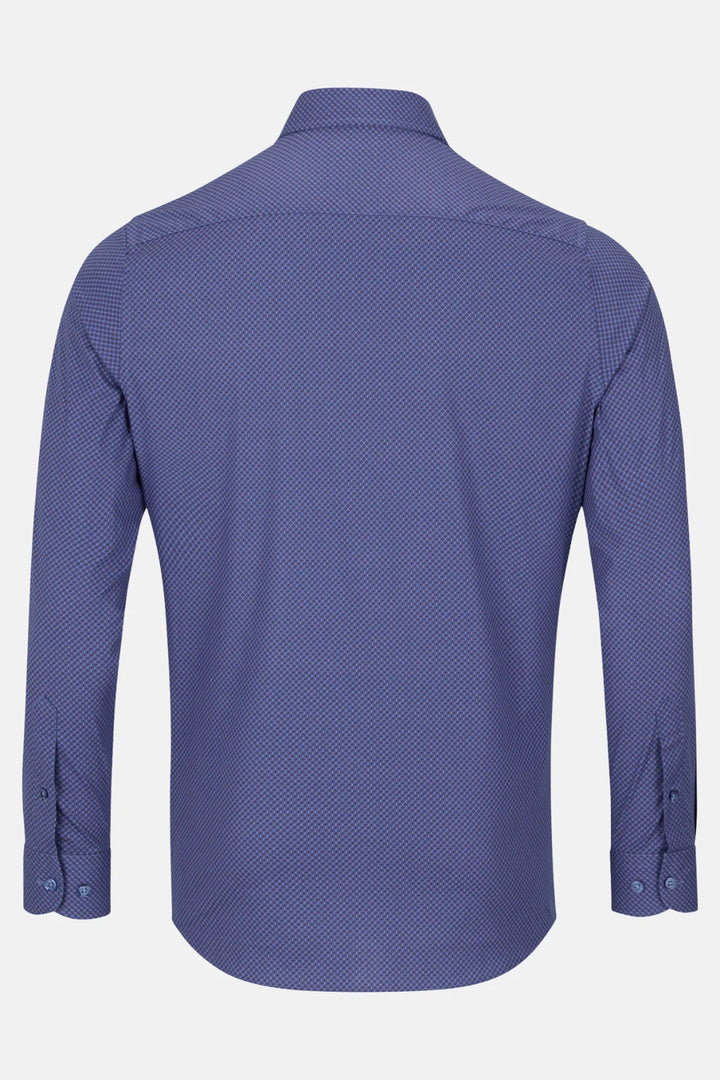 Back view of blue dress shirt with geometric texture and button cuffs
