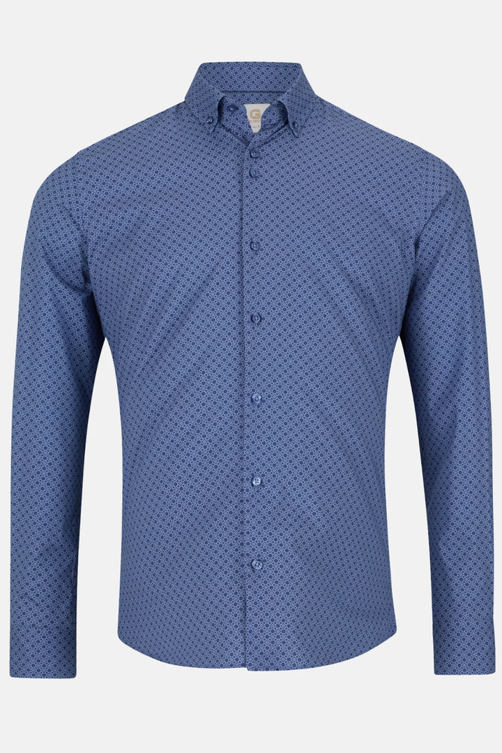 Men's dress shirt, blue with small geometric pattern, button-front and point collar.