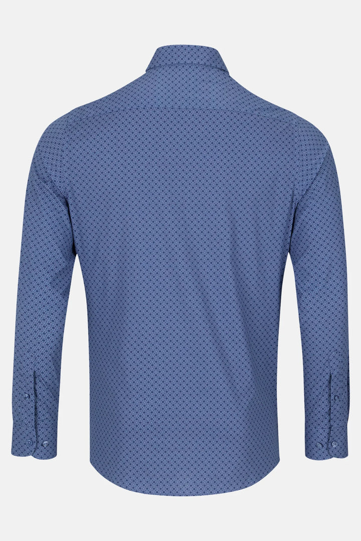 Men's dress shirt back, blue with small geometric pattern, full sleeves and curved hem.