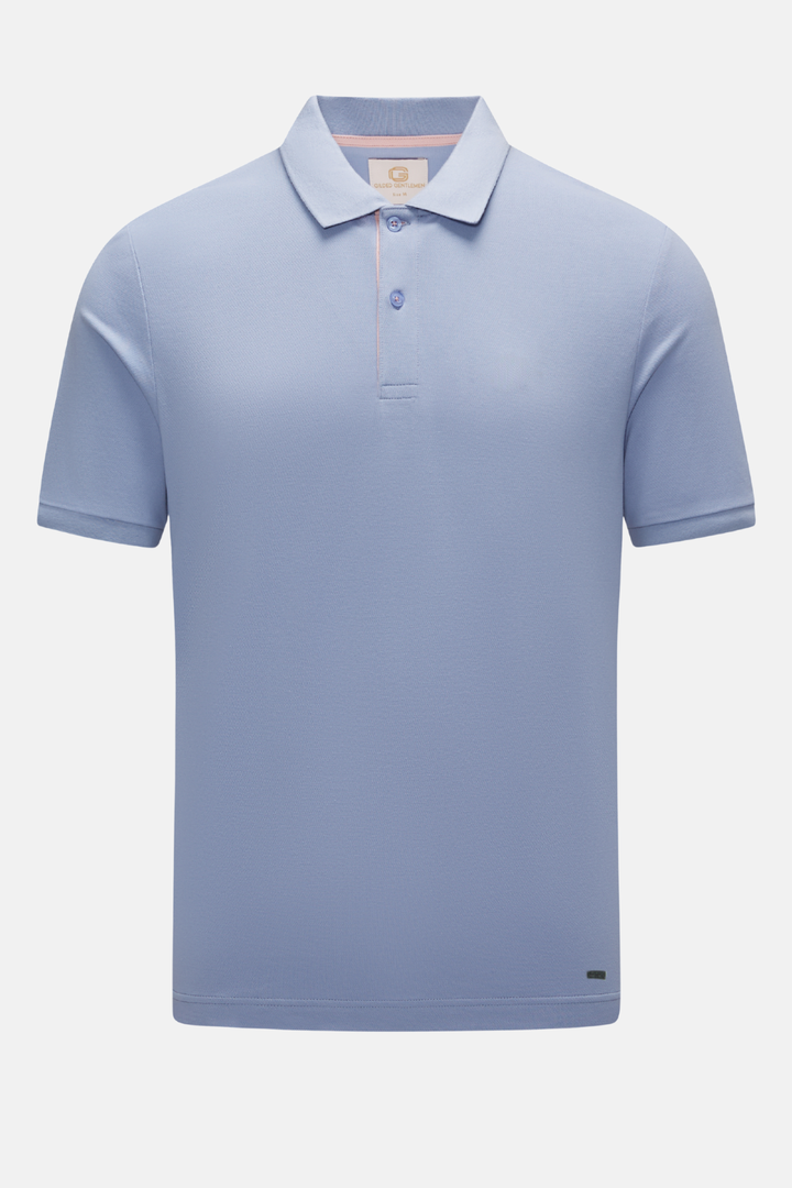 Light blue polo shirt front with button placket and short sleeves