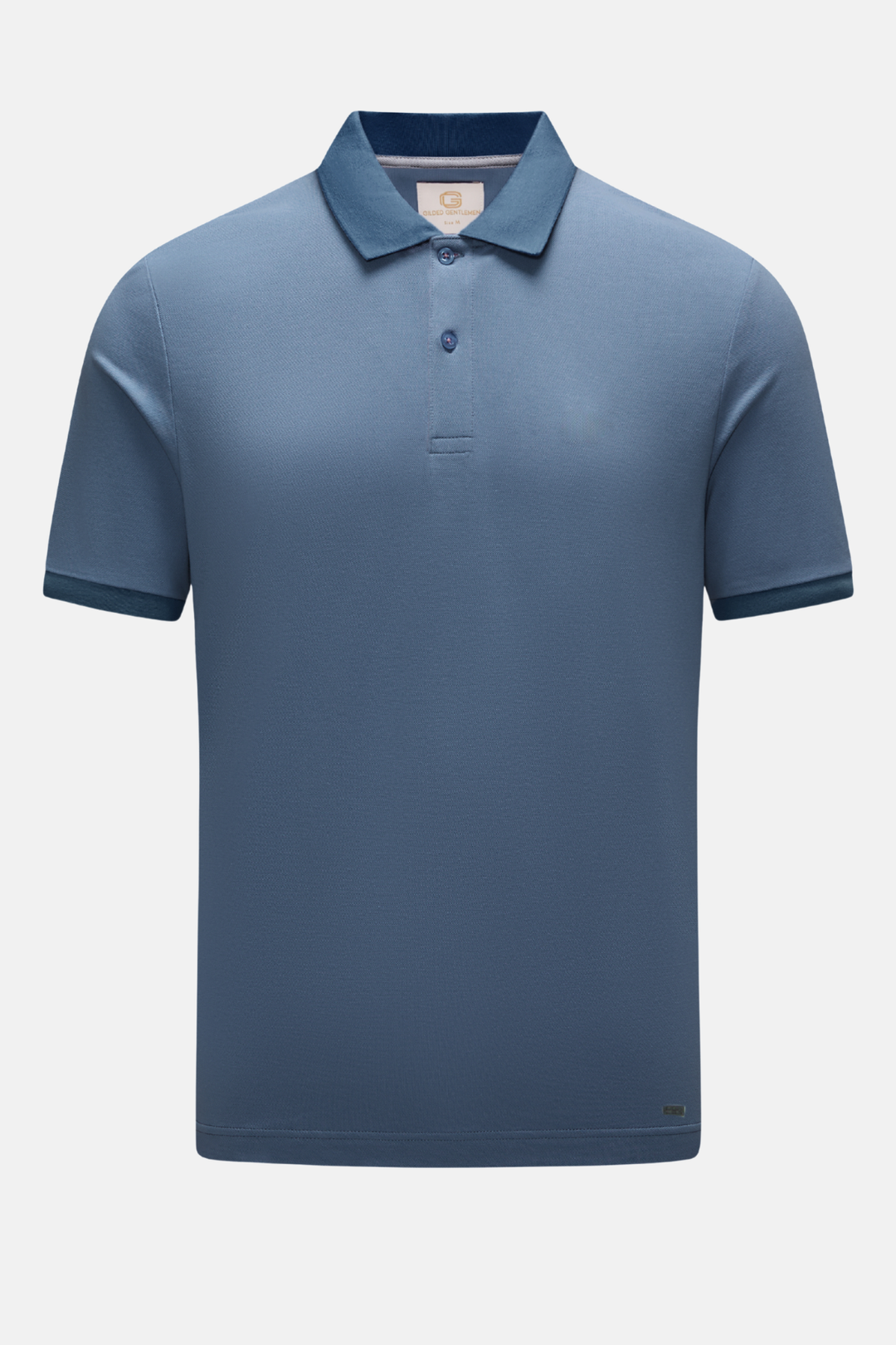 Blue polo shirt with collar and three-button placket