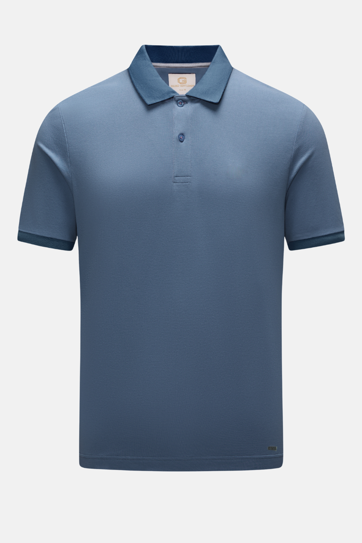 Blue polo shirt with collar and three-button placket