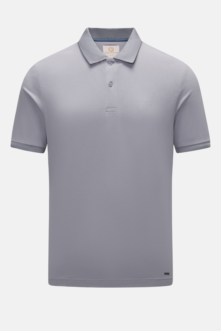 Grey polo shirt front view with button placket and small chest logo