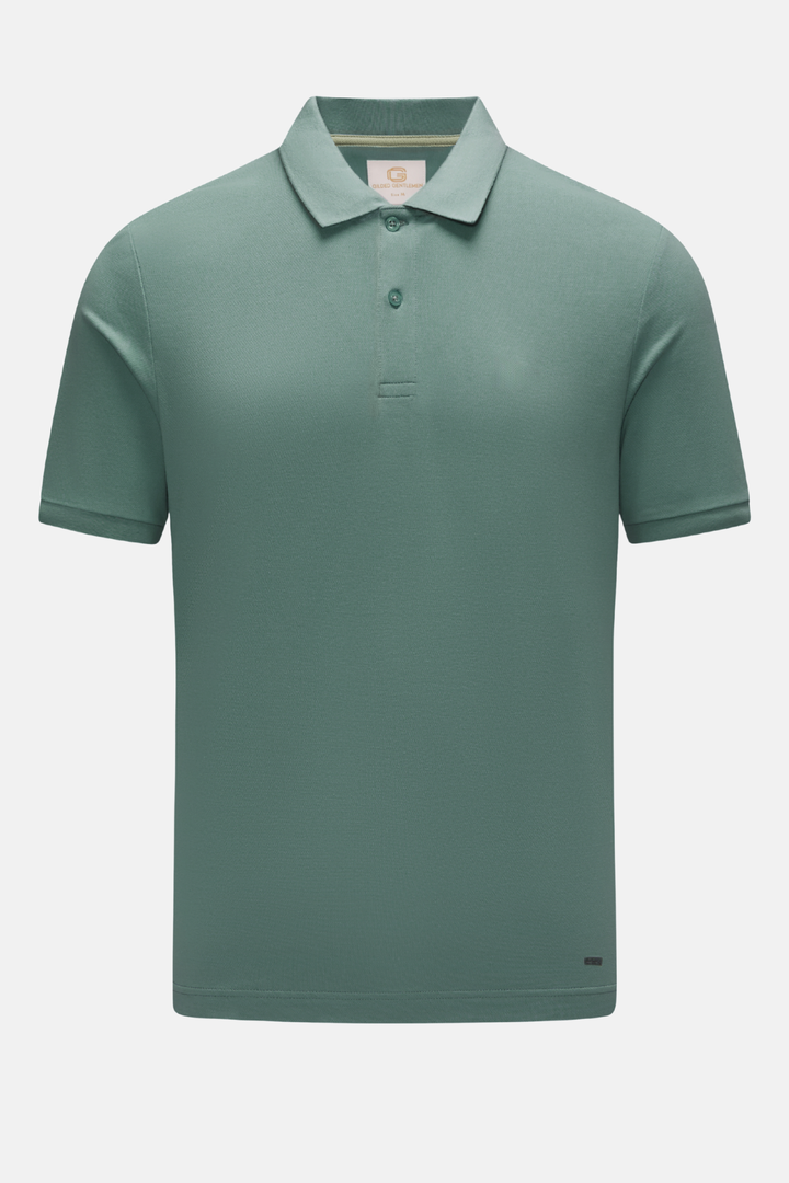 Teal polo shirt front with button placket and small chest logo patch