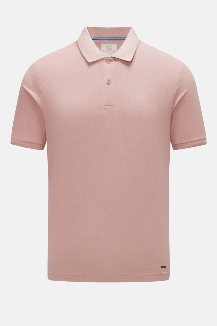 Pink polo shirt front with collar, buttons, and short sleeves