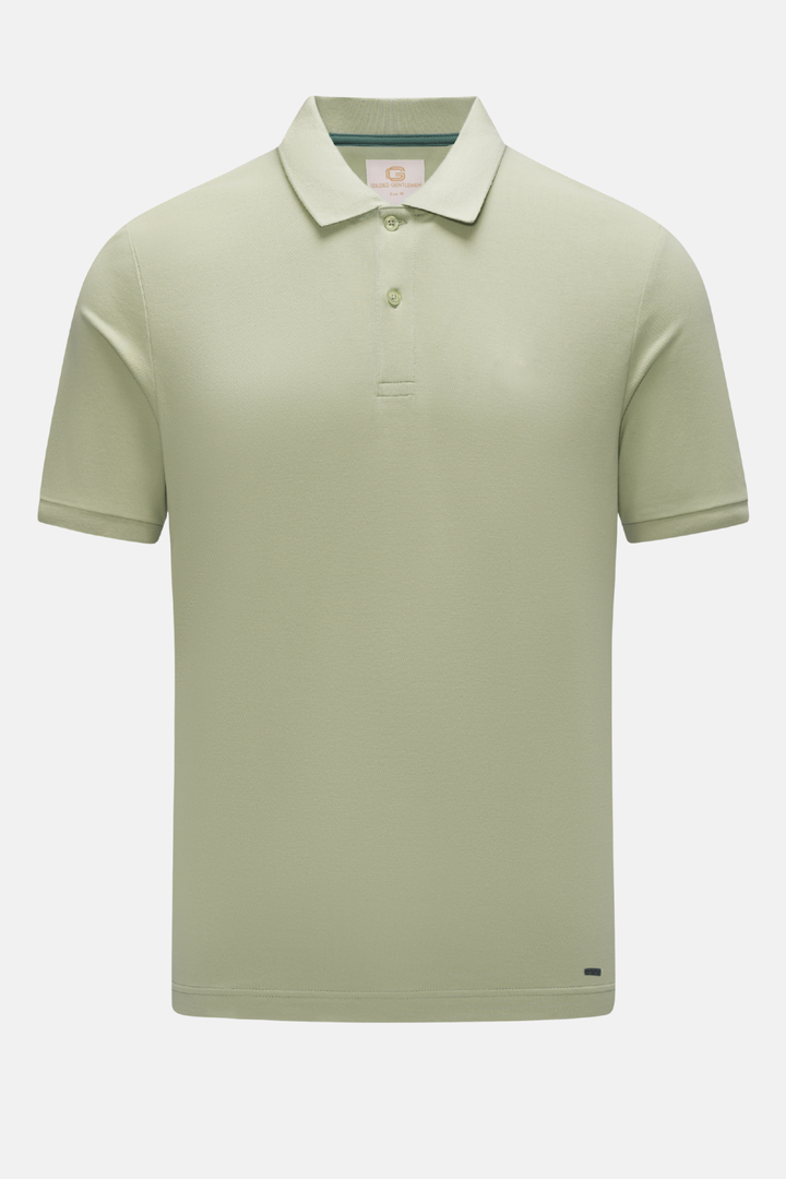 Light green polo shirt front with button placket and short sleeves