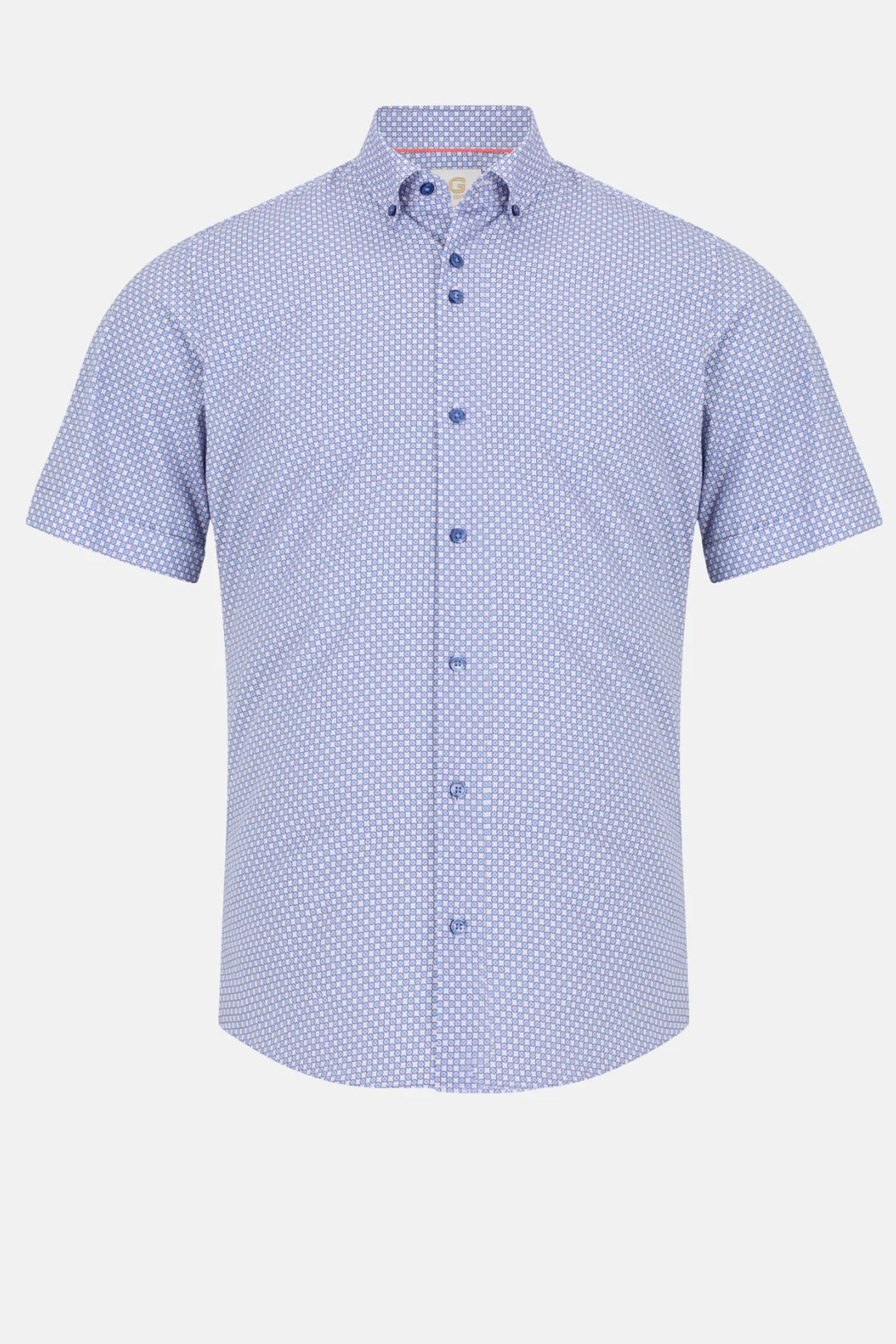 Gilded Gentlemen short-sleeve shirt, light blue micro-pattern, button-front and collar