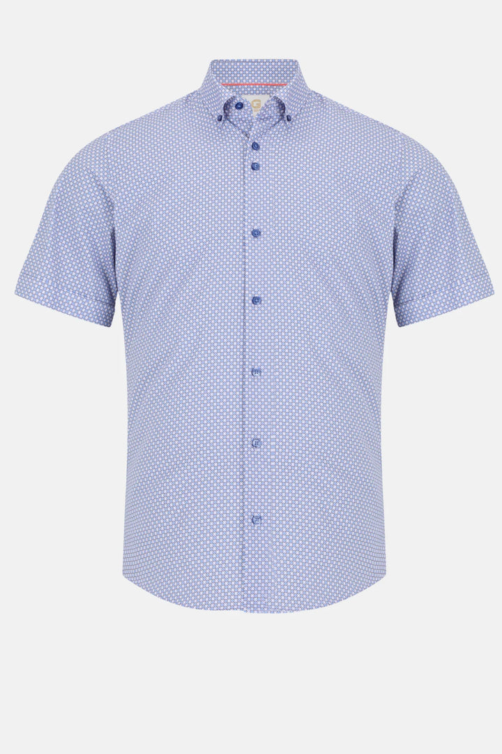 Gilded Gentlemen short-sleeve shirt, light blue micro-pattern, button-front and collar