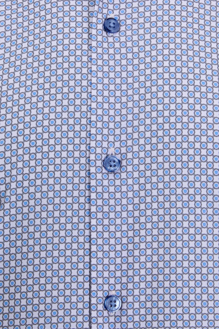 Gilded Gentlemen short-sleeve shirt close-up, light blue patterned placket and buttons