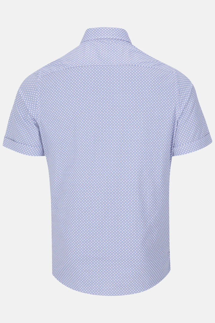 Gilded Gentlemen short-sleeve shirt, back view, light blue micro-patterned fabric