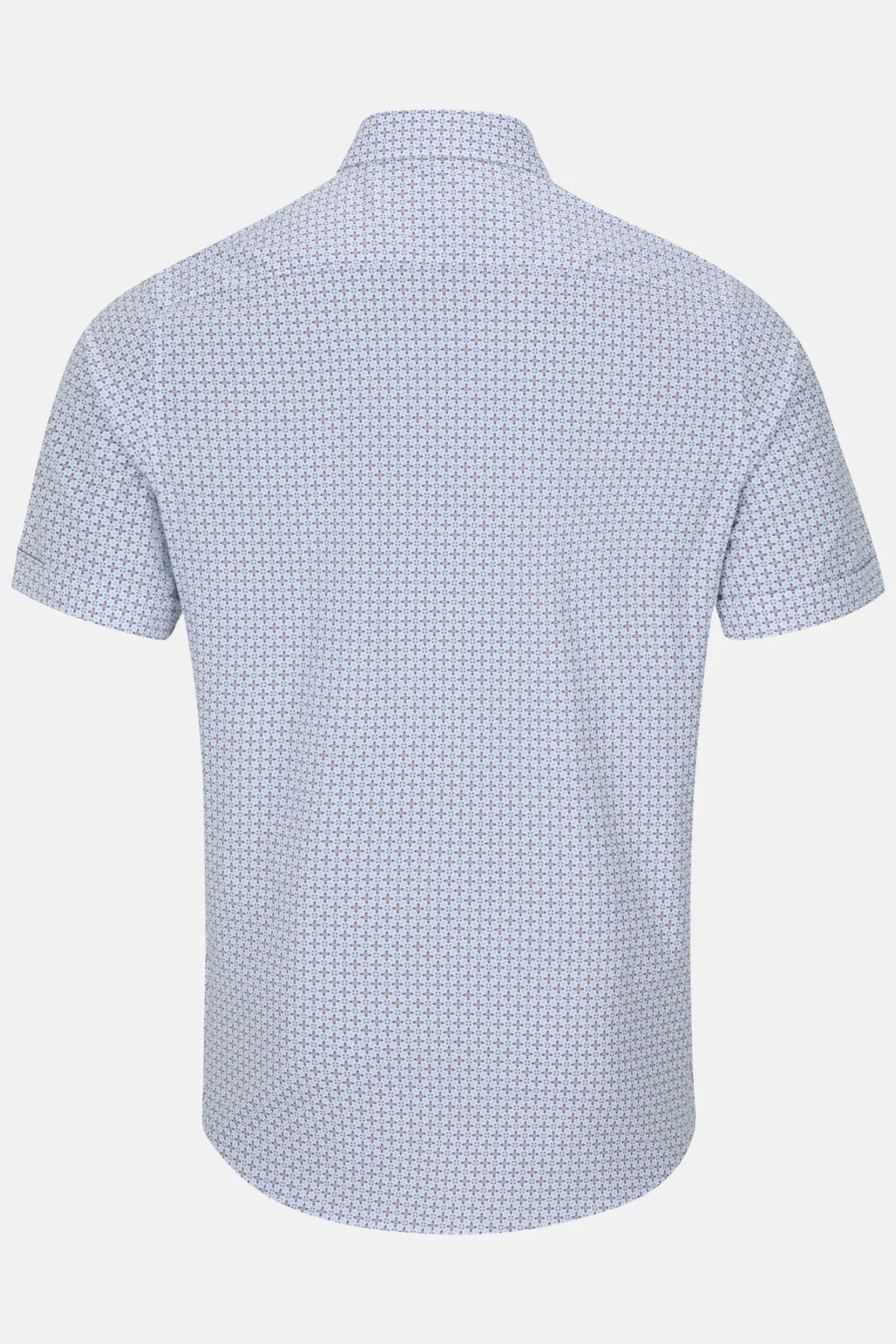 Short-sleeve shirt, light blue textured print, back view with collar