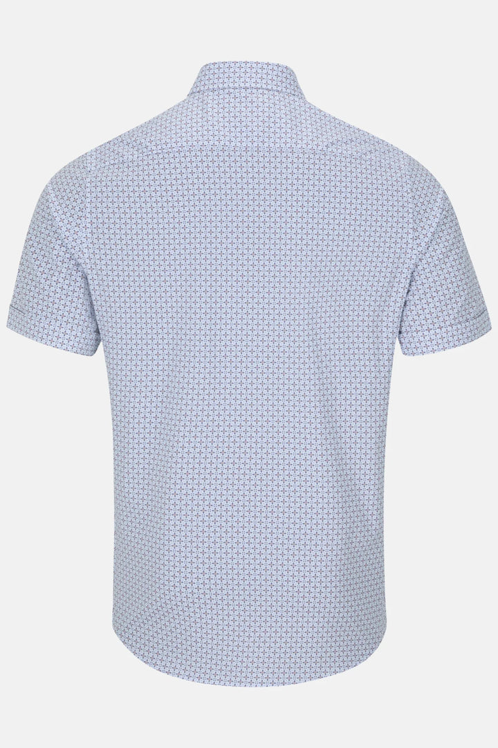 Short-sleeve shirt, light blue textured print, back view with collar