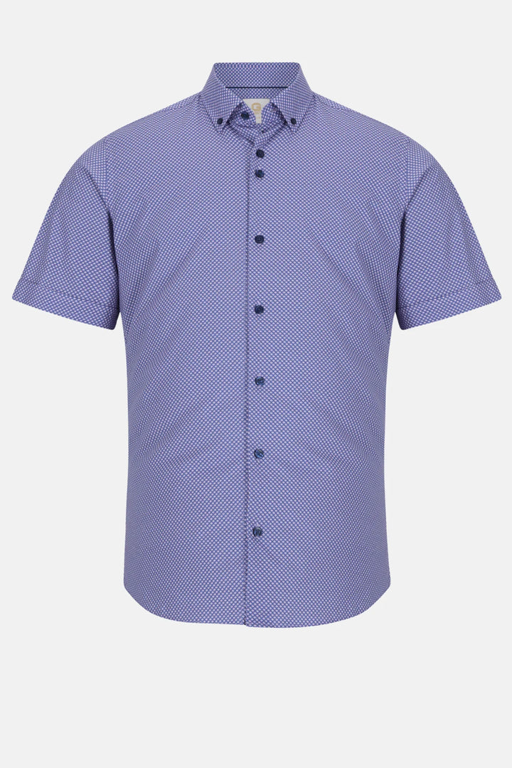 Purple short-sleeve button-up shirt with micro-pattern, spread collar