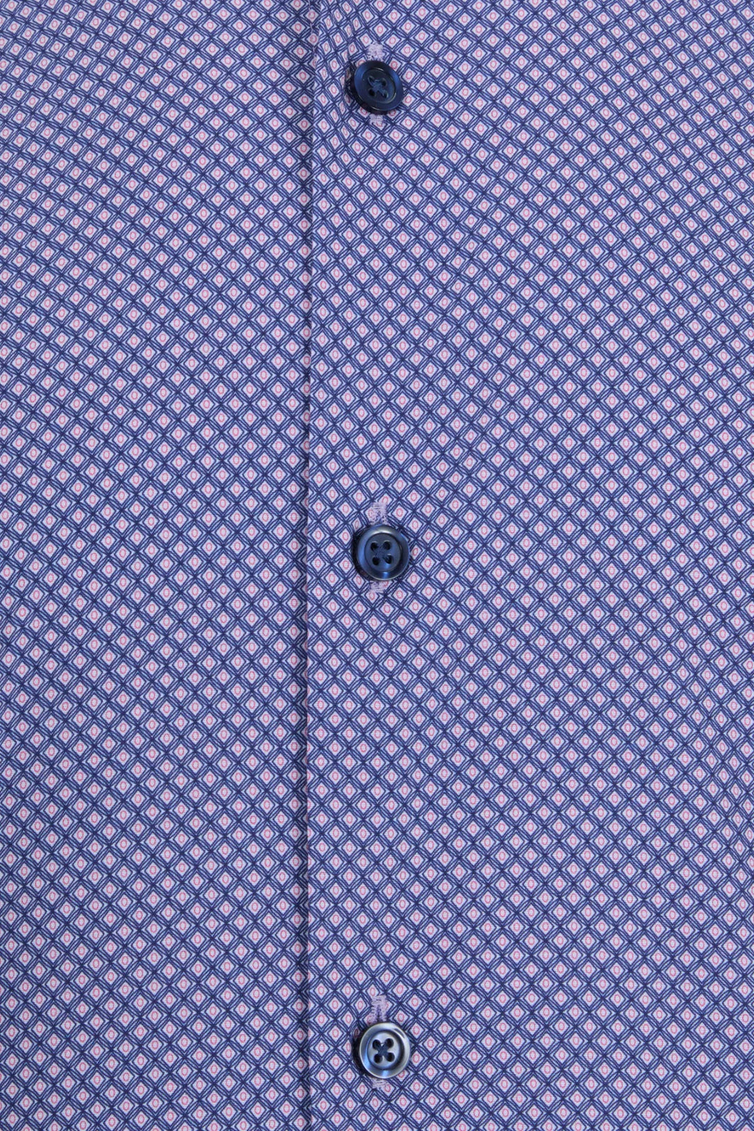 Purple short-sleeve shirt front close-up with button placket and micro-pattern