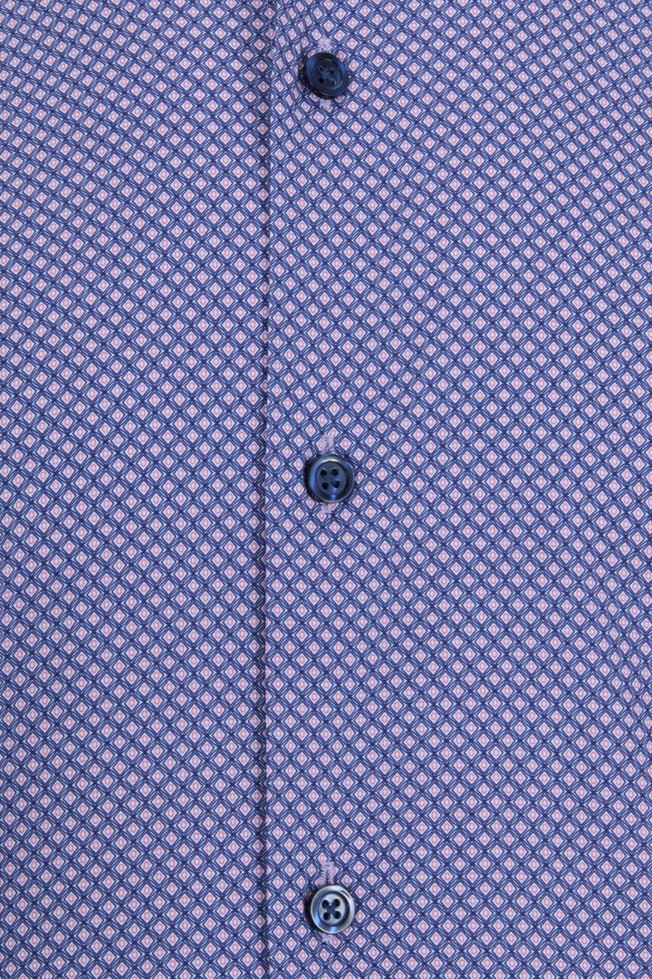 Purple short-sleeve shirt front close-up with button placket and micro-pattern