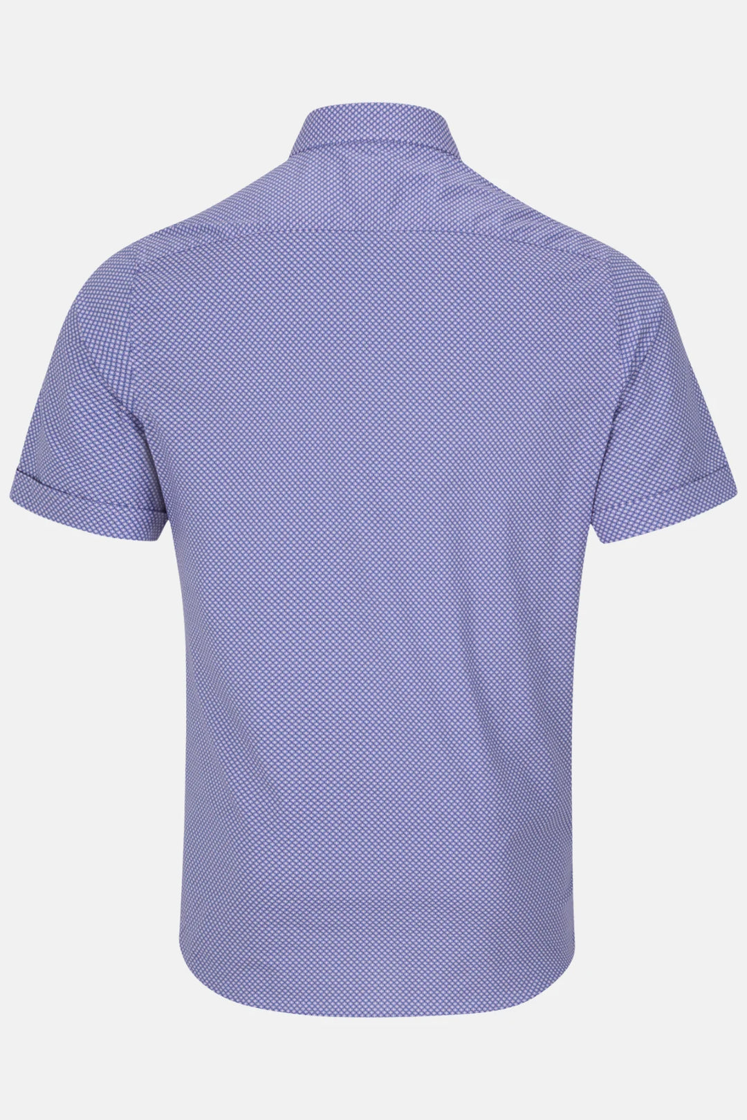 Purple short-sleeve button-up shirt back view with stand collar