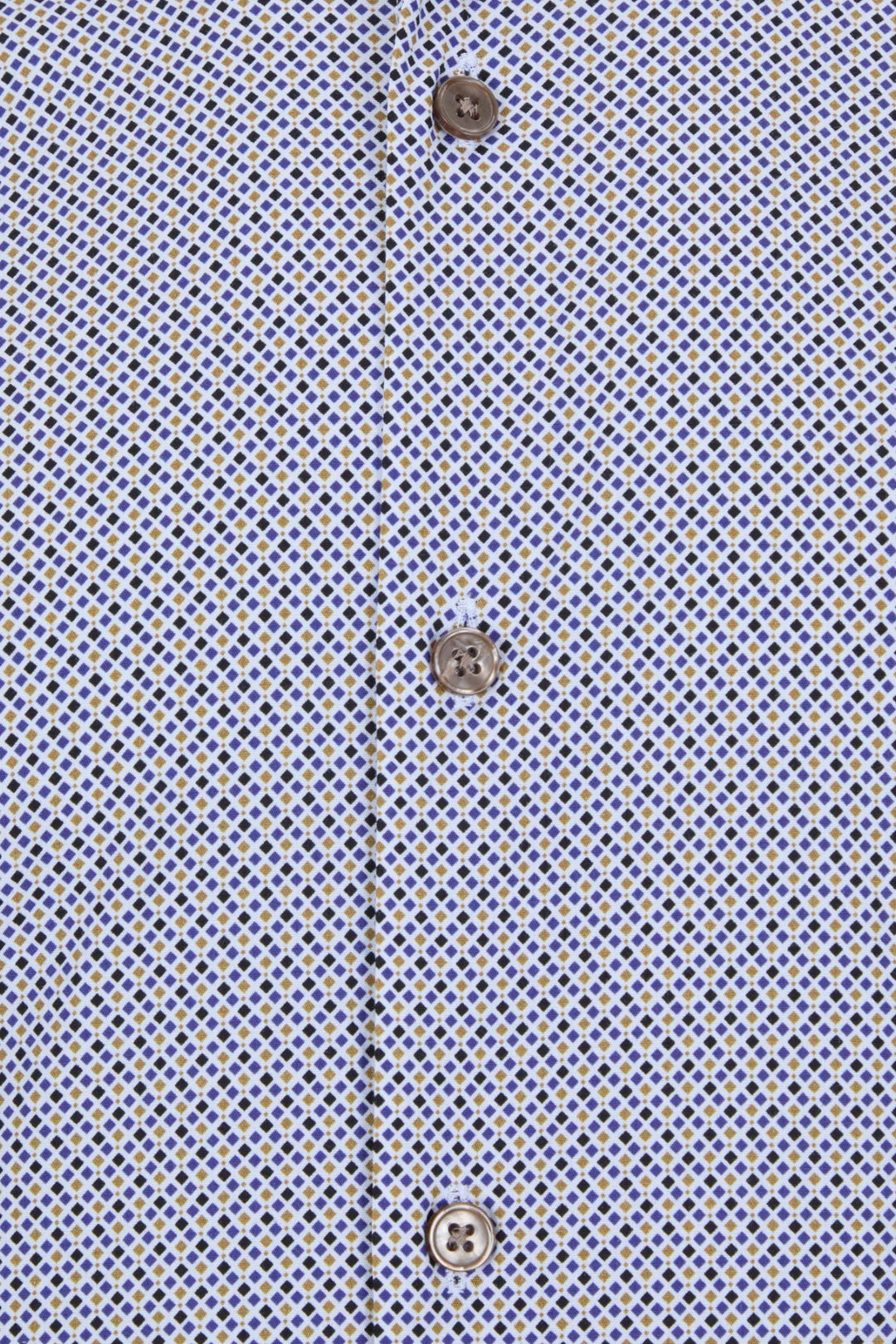 Short-sleeve dress shirt close-up, light blue patterned placket and round buttons