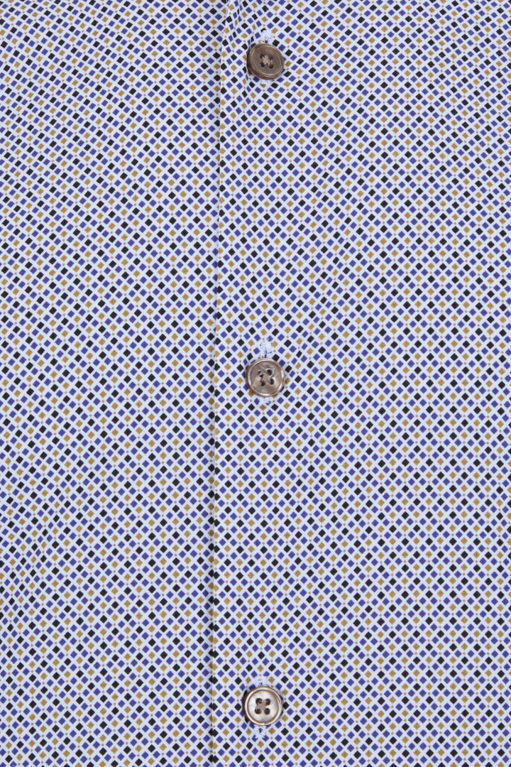 Short-sleeve dress shirt close-up, light blue patterned placket and round buttons