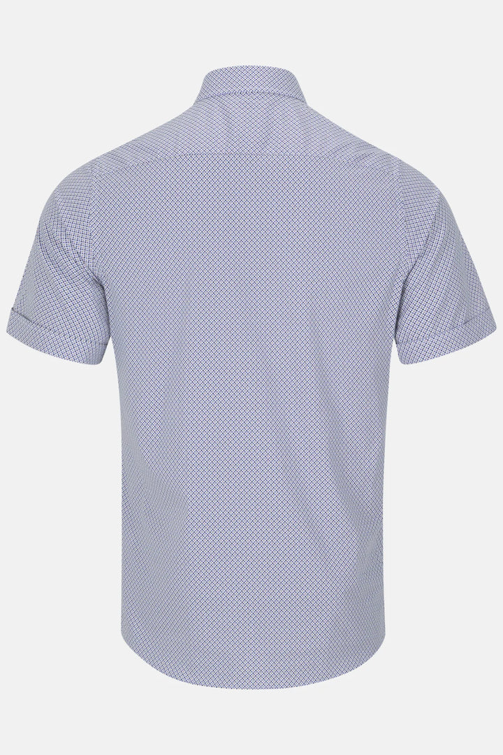 Short-sleeve dress shirt, light blue micro pattern, back view