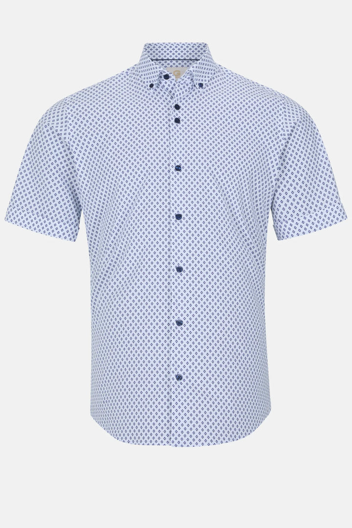 Light blue short-sleeve button-up shirt with small navy geometric pattern