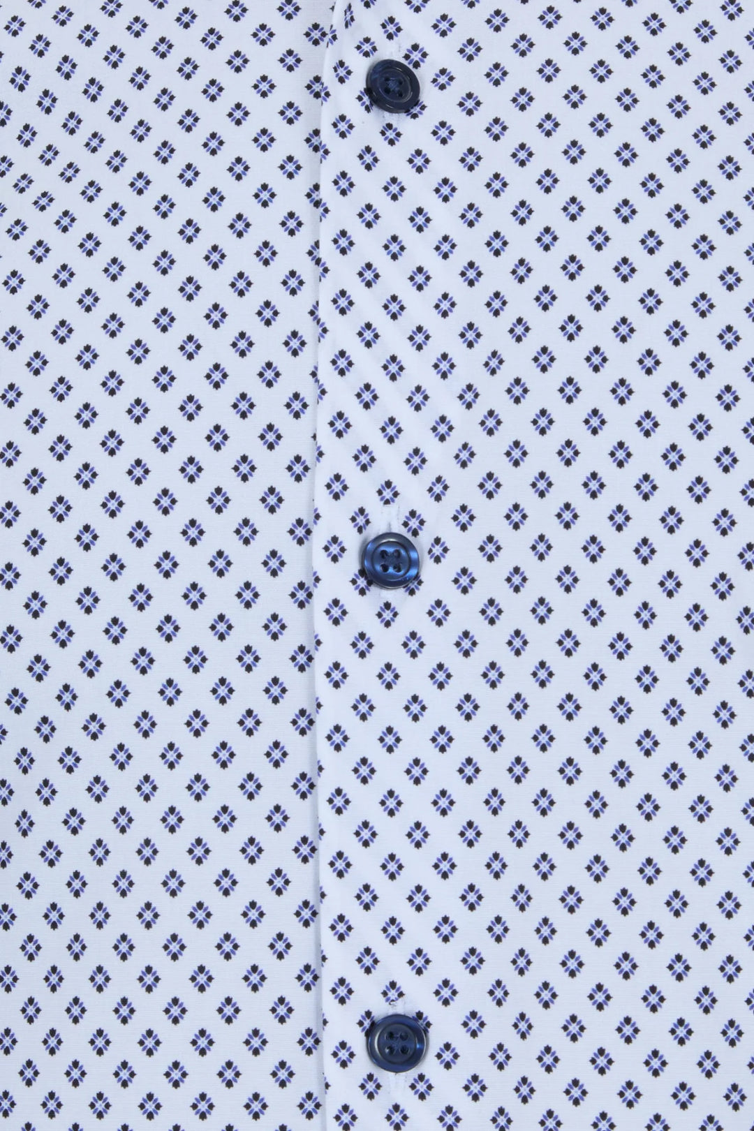 Light blue short-sleeve shirt close-up: navy buttons and geometric pattern