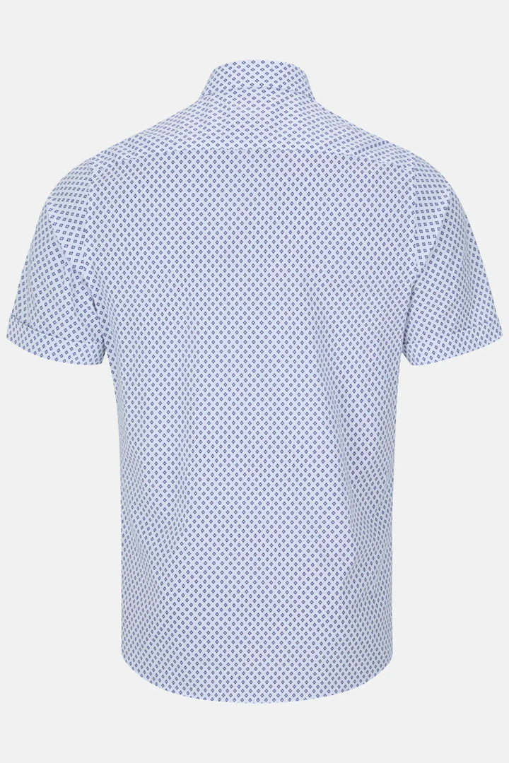 Light blue short-sleeve button-up shirt, geometric navy pattern, collar view