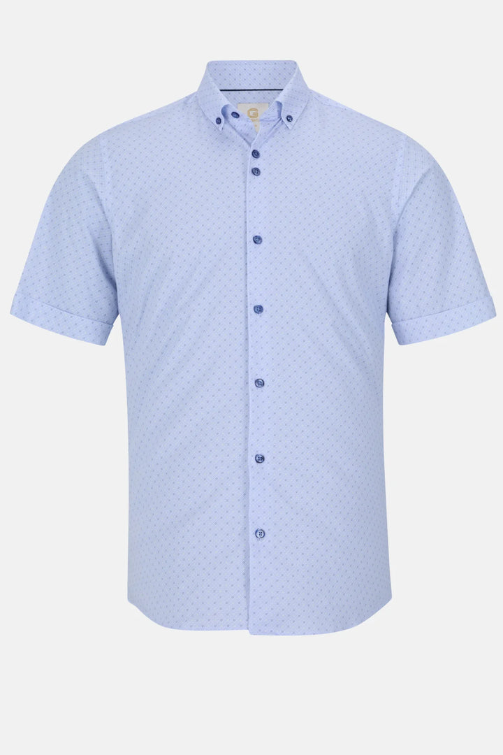 Gilded Gentlemen short-sleeve shirt, light blue textured pattern, button-front