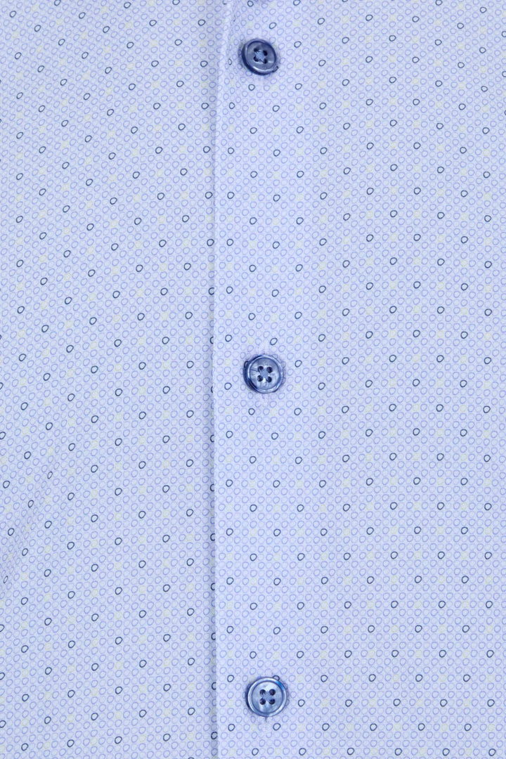 Gilded Gentlemen short-sleeve shirt, light blue collar and button placket close-up
