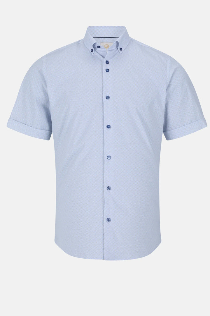 Light blue short-sleeve button-up shirt with point collar and vertical placket