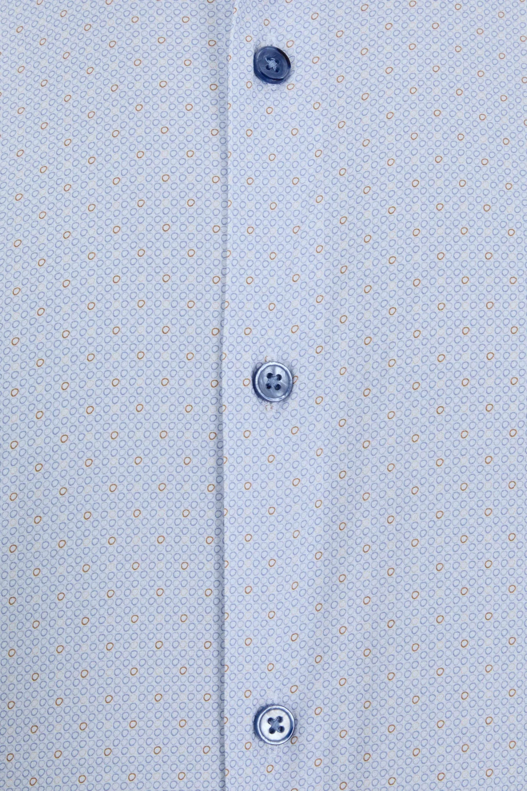 Light blue short-sleeve shirt front placket with patterned fabric and dark buttons