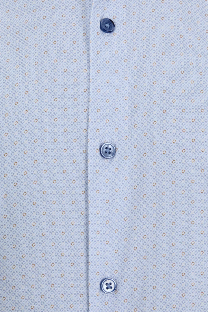 Light blue short-sleeve shirt front placket with patterned fabric and dark buttons